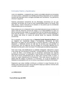 Carta Segundo Fondo Becas para Rebaja Colegiaturas | Colegio San Carlos de  Aragón