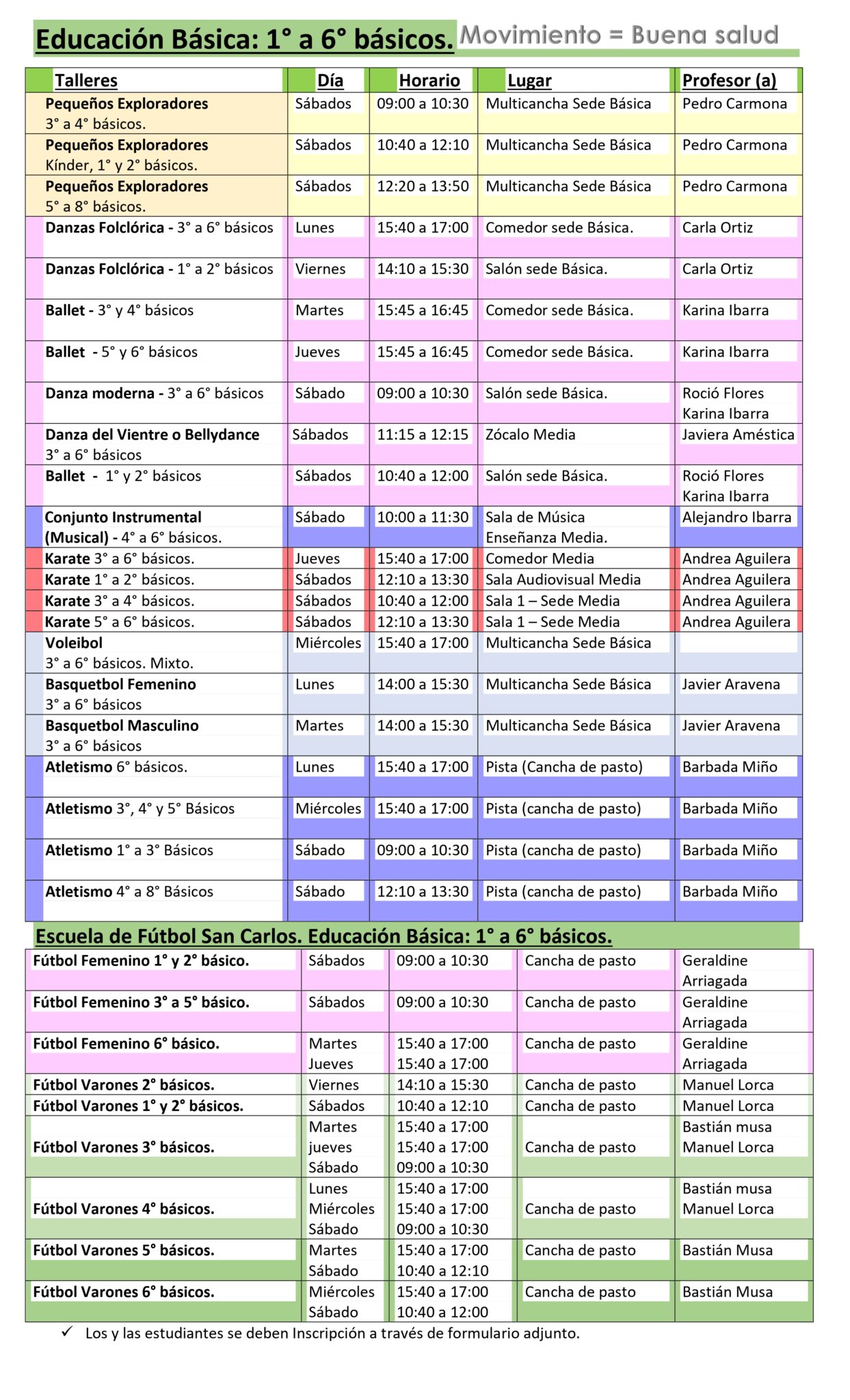 Horario Talleres 2024 Básica Colegio San Carlos de Aragón